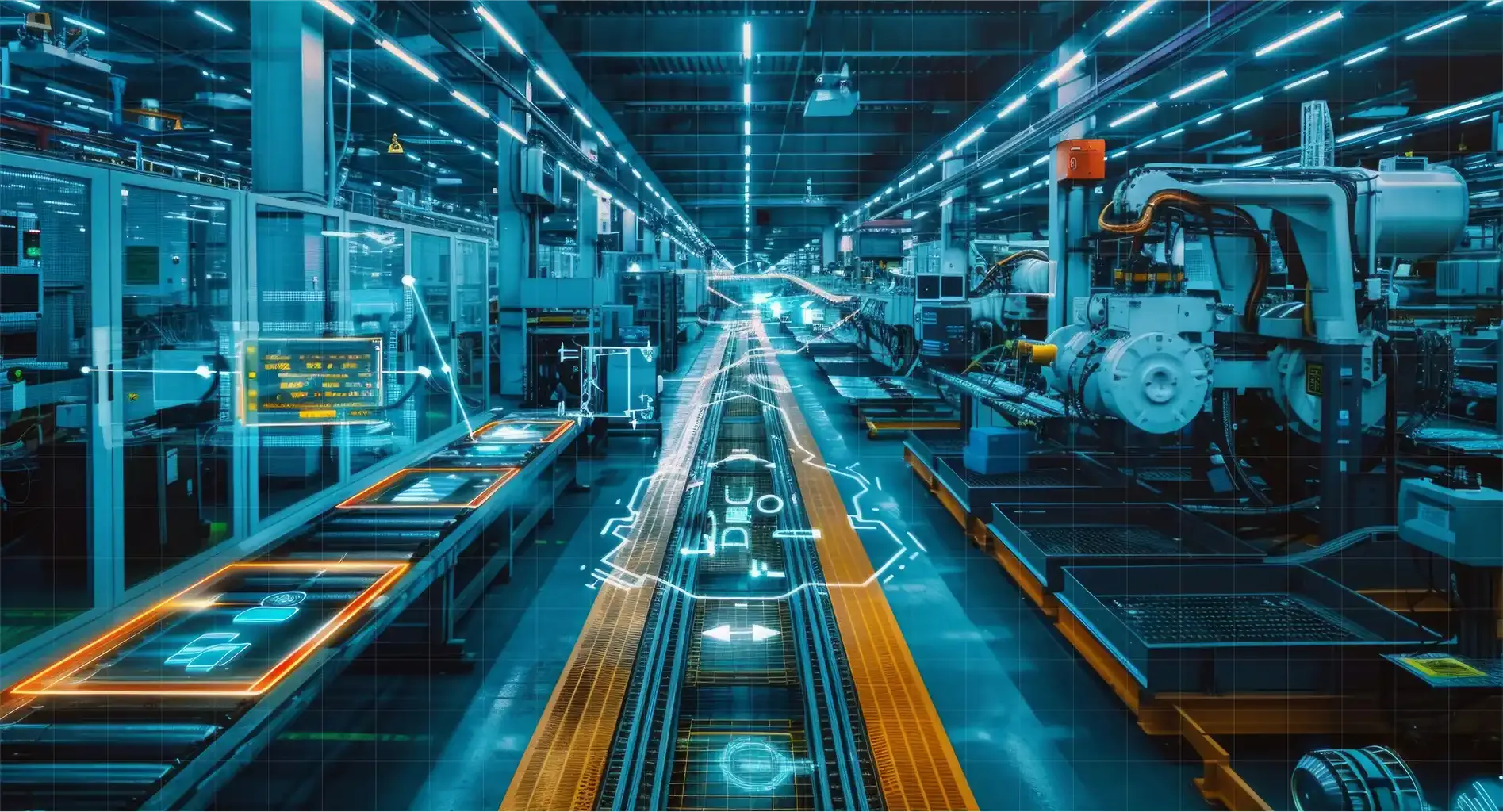 High-tech factory interior with machinery and digital augmented reality displays above conveyor belts.
