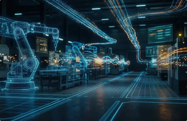 Digital blueprints of robotic arms and data streams in a dark industrial factory setting.