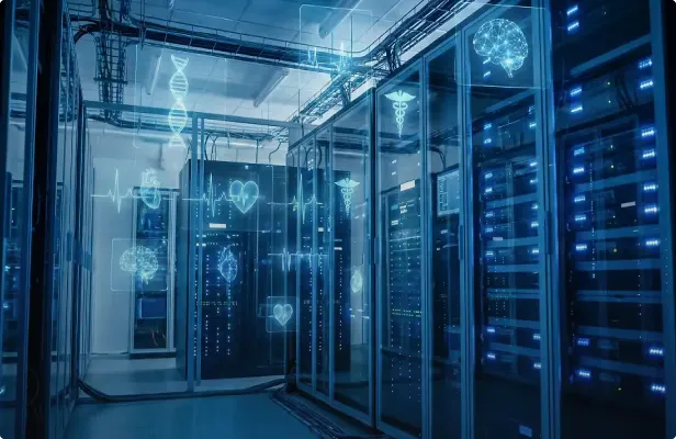 Server room with blue lighting and floating digital medical icons like brain, DNA, and heart.