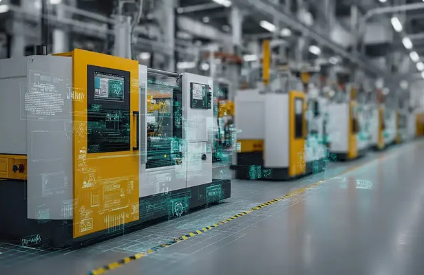 Row of industrial machines with digital interface overlays in a large, clean factory setting.