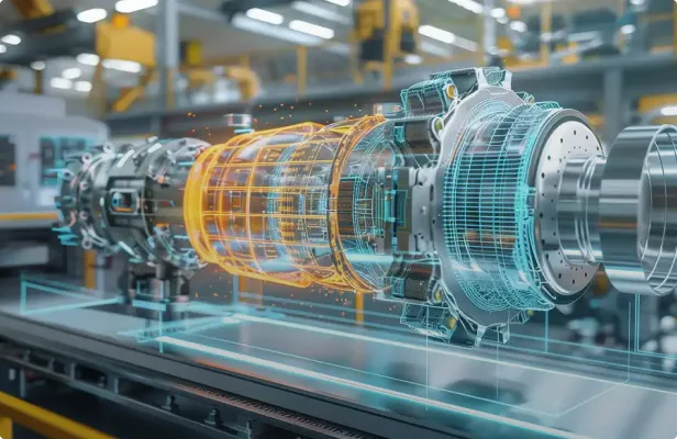 3D digital model of a complex mechanical engine part with highlighted sections in an industrial setting.