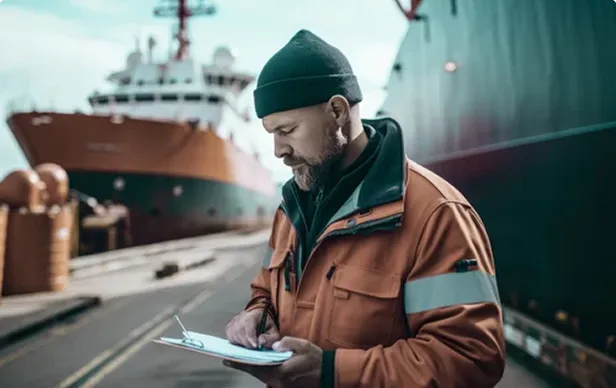 Man in brown jacket and beanie writing on clipboard near docked ships.
