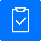 White clipboard icon with a checkmark on a blue square background.