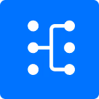 White diagram of connected dots symbolizing a network or flowchart on a blue background.