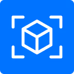 White 3D cube icon inside a white scanning frame on a blue square background.