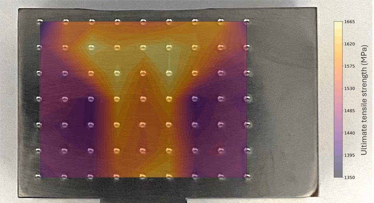 Heatmap of ultimate tensile strength on a metal plate showing variations between 1350 and 1665 MPa.