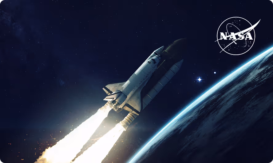 NASA space shuttle launching with bright engines above Earth against a starry space background.