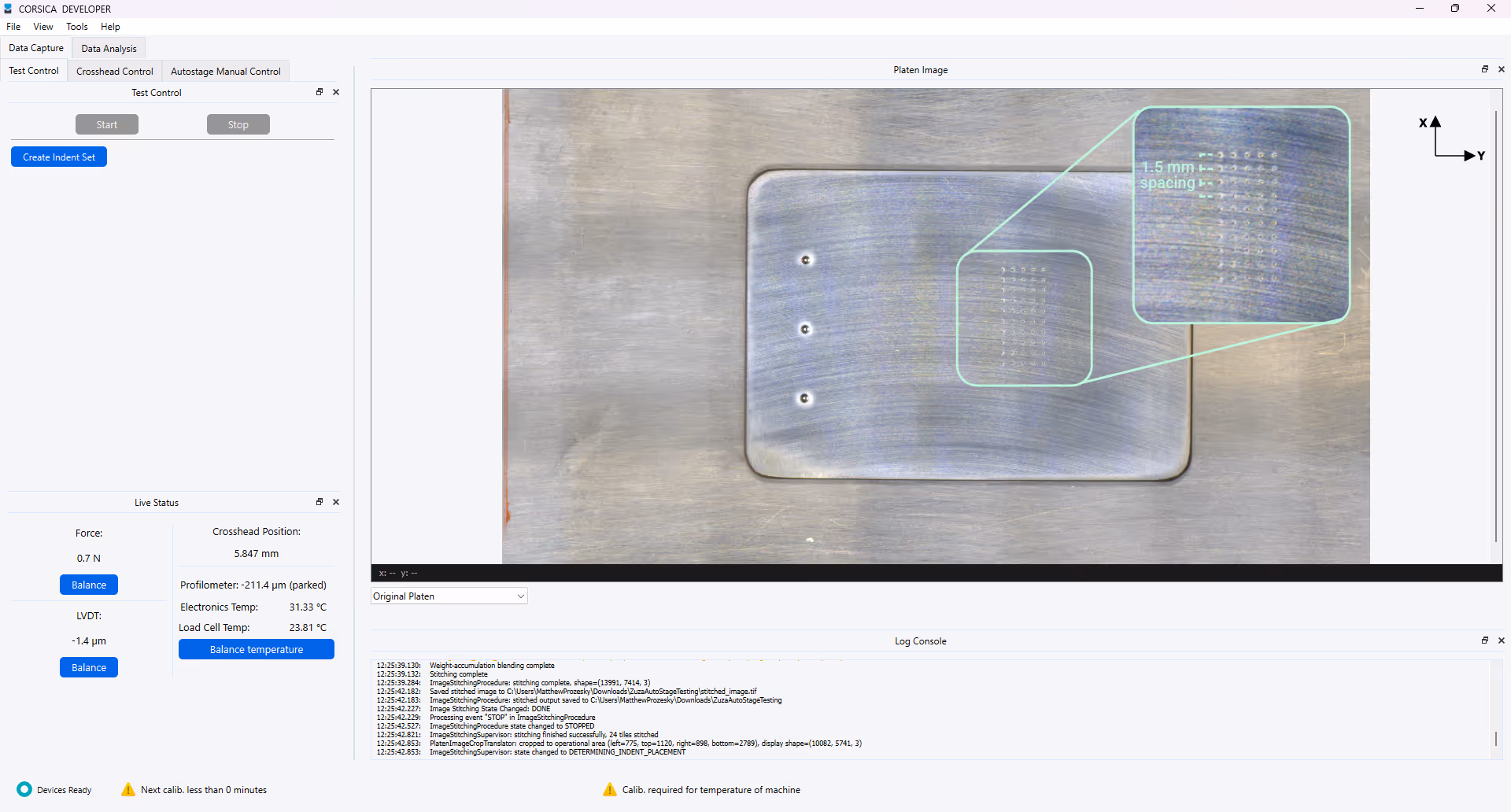 Software interface of CORSICA Developer showing a metal platen with a close-up of indent spacing at 1.5 mm.