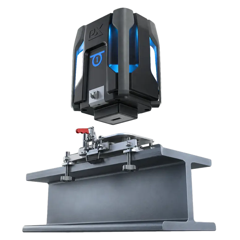 DX portable testing device hovering above a steel I-beam with a clamp mount, ready for non-destructive testing