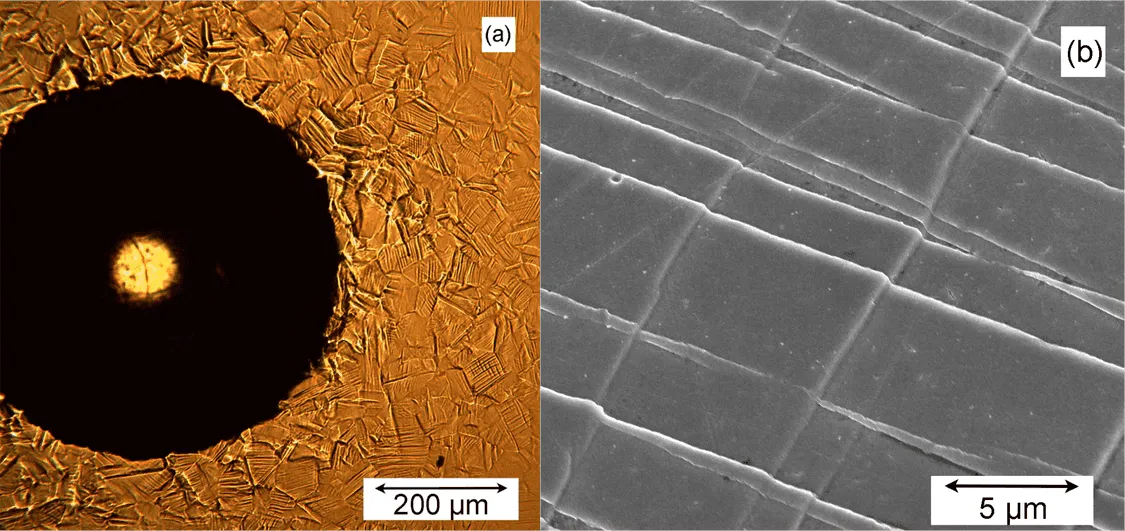 Two images: (a) Optical and (b) SEM micrographs of the free surface near to an indent in a material with a grain size of about 50 µm.