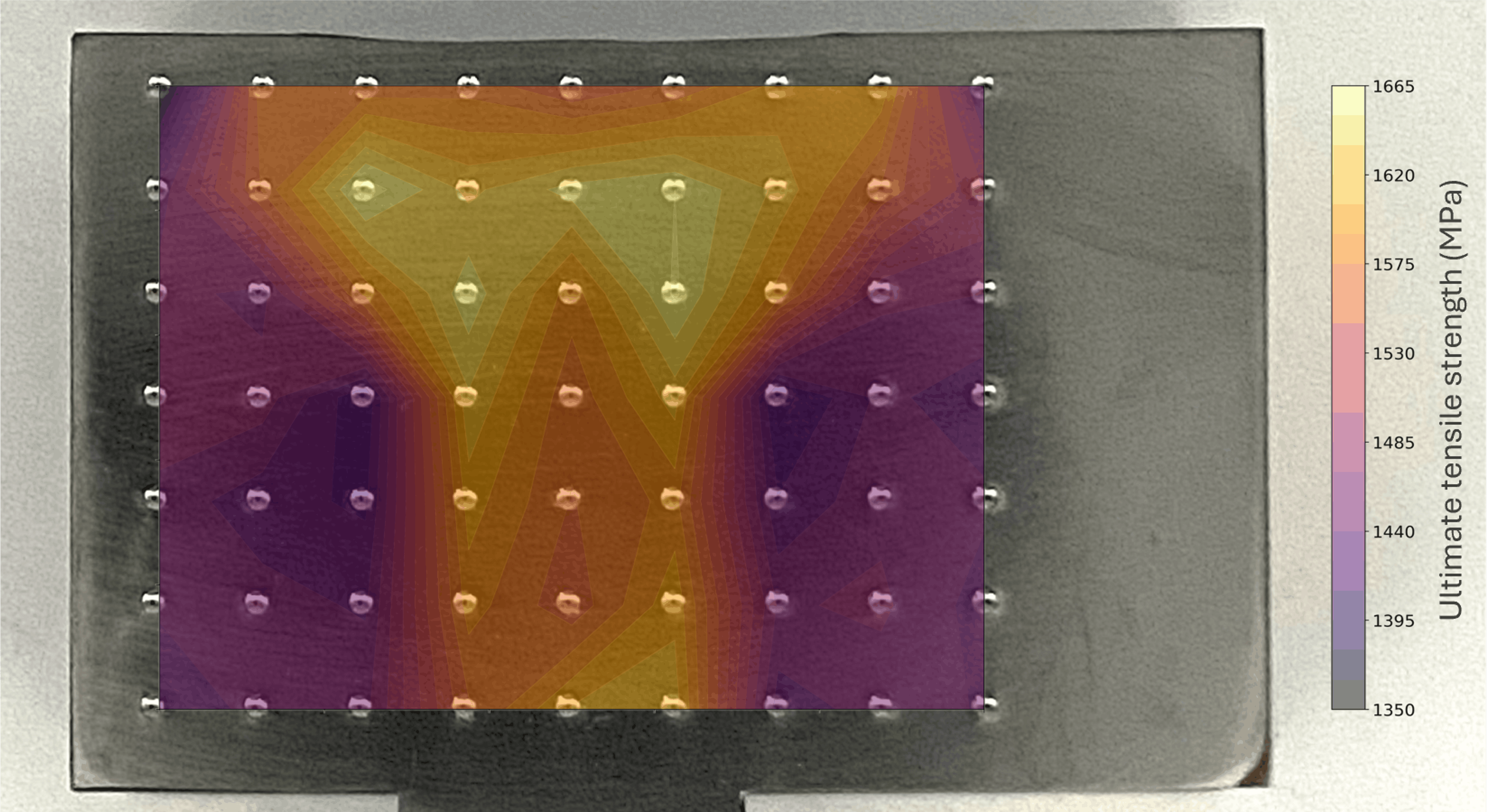 PLX-AutoStage UTS property map of a titanium weld using a 63-indent grid across parent material, weld zone, and HAZ, coloured by ultimate tensile strength from 1350 to 1665 MPa.