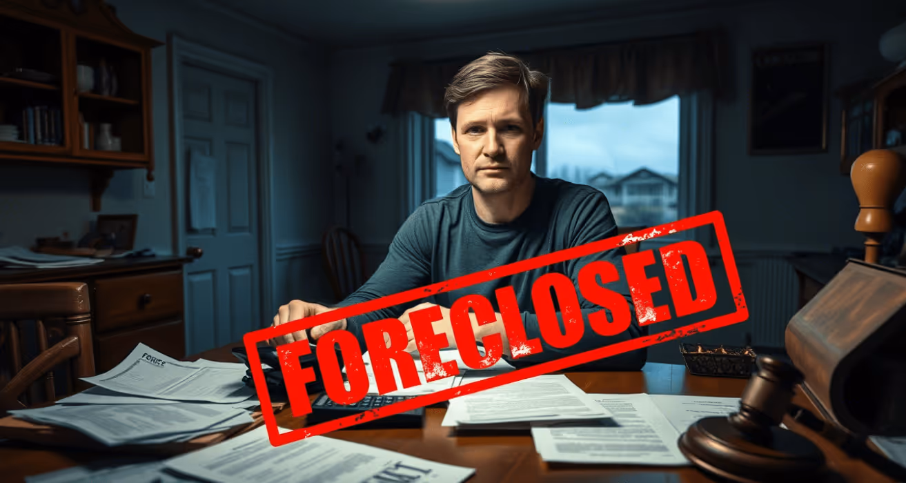 A foreclosed home and a scale showing owed debt highlight risks of deficiency judgments after foreclosure in some states.