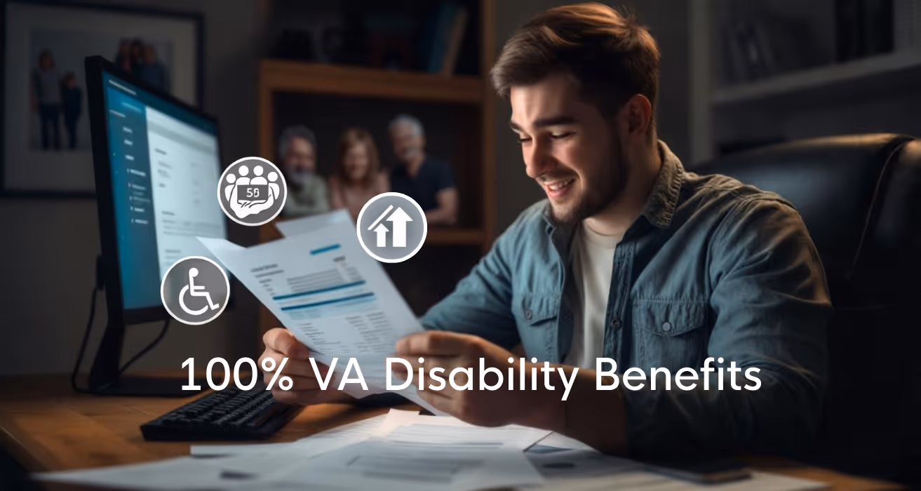 2025 VA disability compensation, housing perks, tax exemptions, and education benefits for 100% disabled veterans are highlighted.