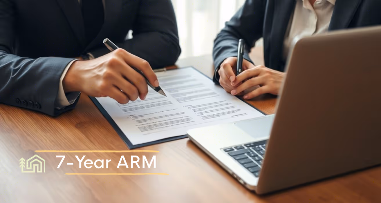 Details of a 7-year ARM mortgage being reviewed, with adjustable rate benefits and risks considered by a home loan applicant