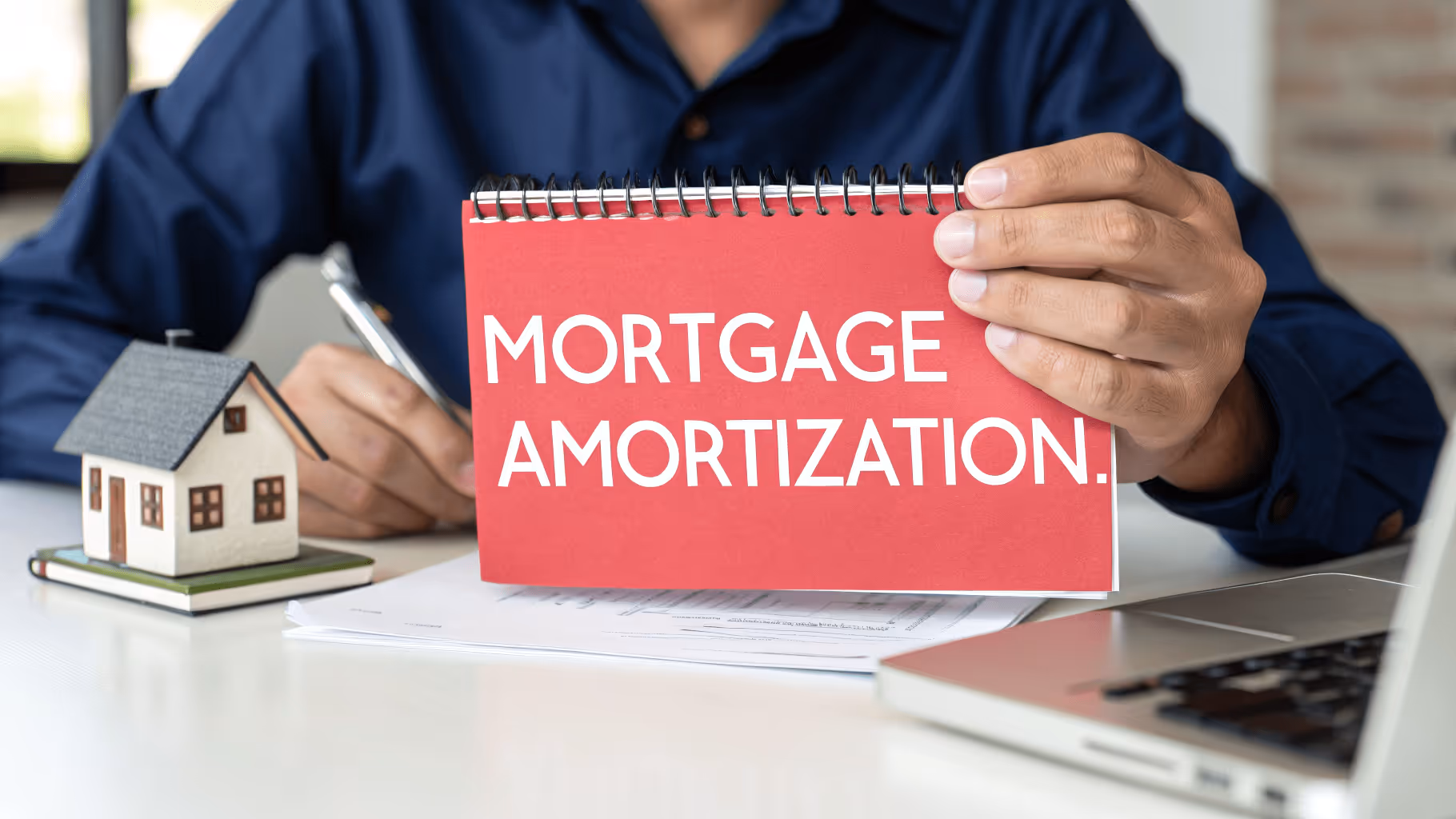 A graph is shown where monthly mortgage payments are divided over time, with interest decreasing and principal gradually increasing.