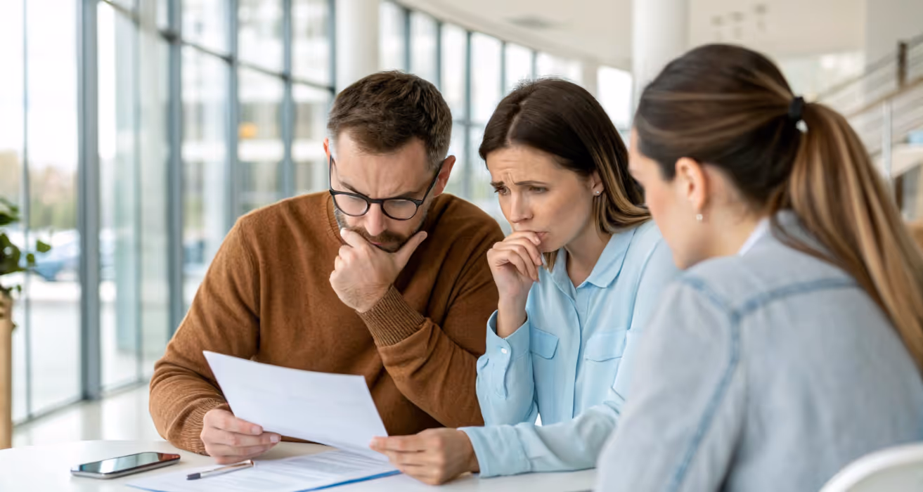Homeowner looking stressed while reviewing a past-due mortgage notice and calling their loan servicer for assistance.