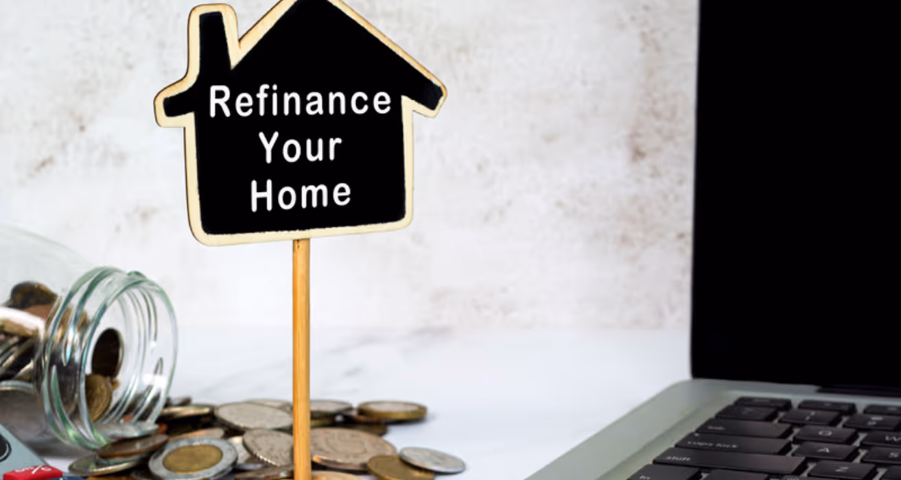A house-shaped sign reads “Refinance Your Home” beside coins spilling from a jar and a laptop, symbolizing home refinancing.