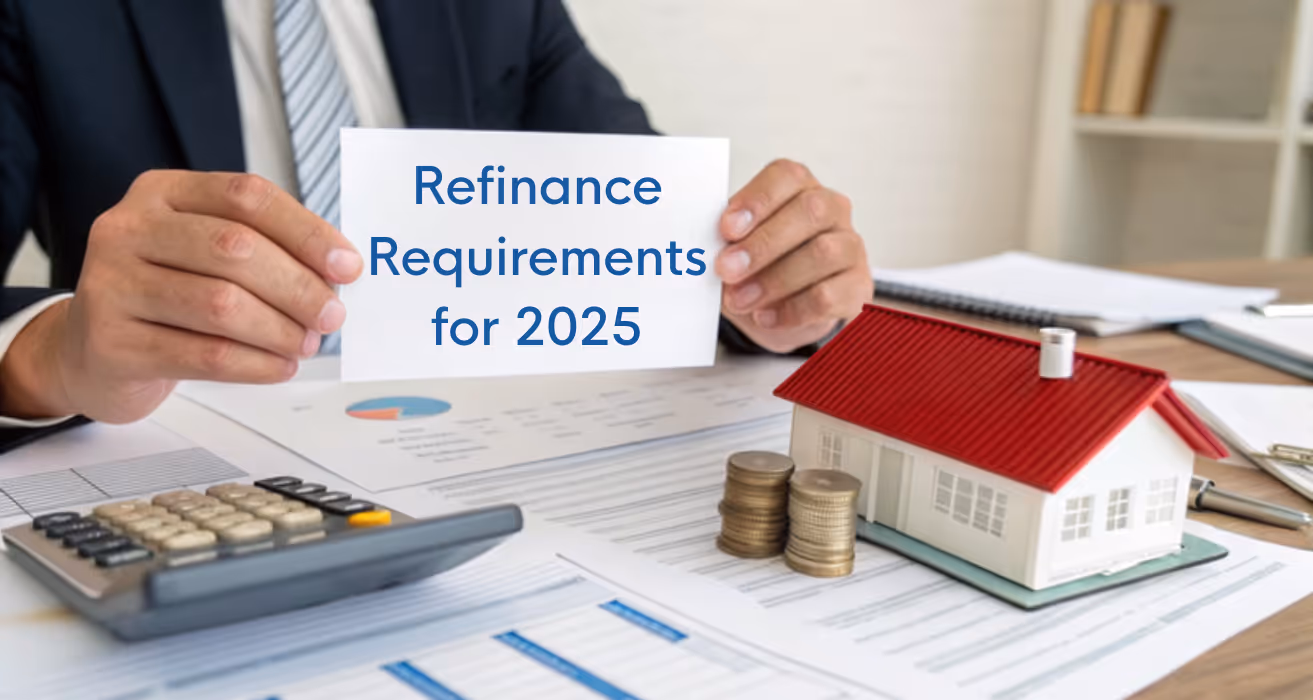 Person holding refinance guide with house model and money, representing 2025 mortgage refinance requirements.
