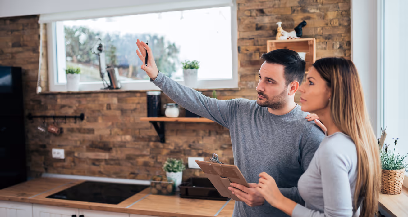 Reviewing home plans in kitchen—exploring refinance options to fund home renovations and upgrades.