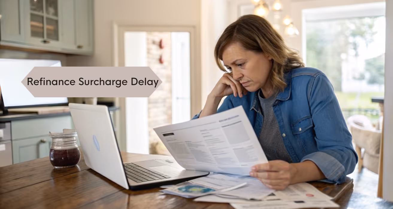 Homeowner reviewing mortgage papers with a laptop open, showing concern over refinance surcharge delay in 2025.