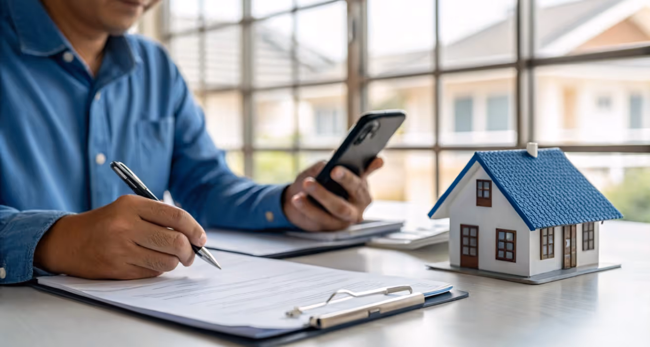 Person reviewing mortgage documents with smartphone in hand, small model house on desk, symbolizing home loan or refinance.