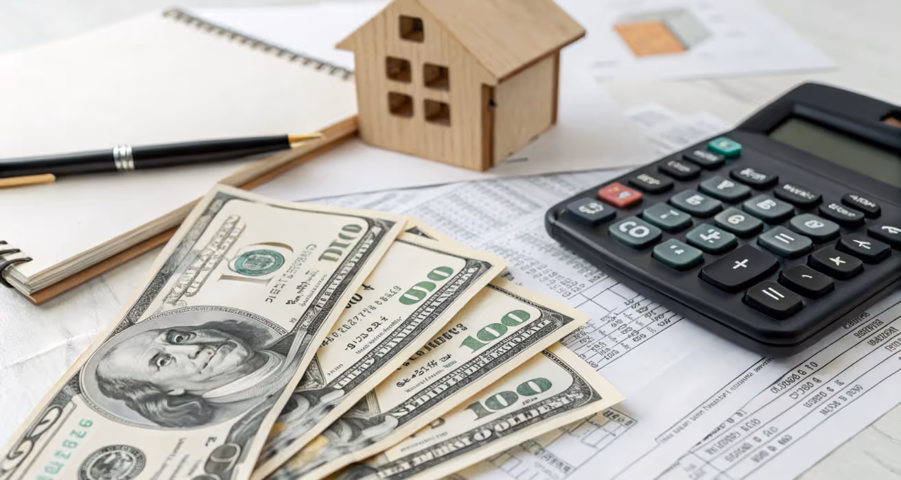 Wooden house cutout on $100 bills and calculator, symbolizing cash-in refinance and mortgage planning decisions.