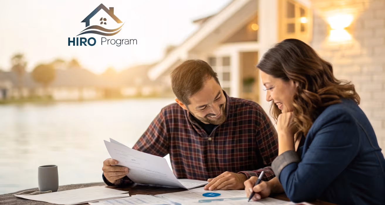 Mortgage advisor with a house model and documents on the table, symbolizing relief for underwater homeowners via HIRO.