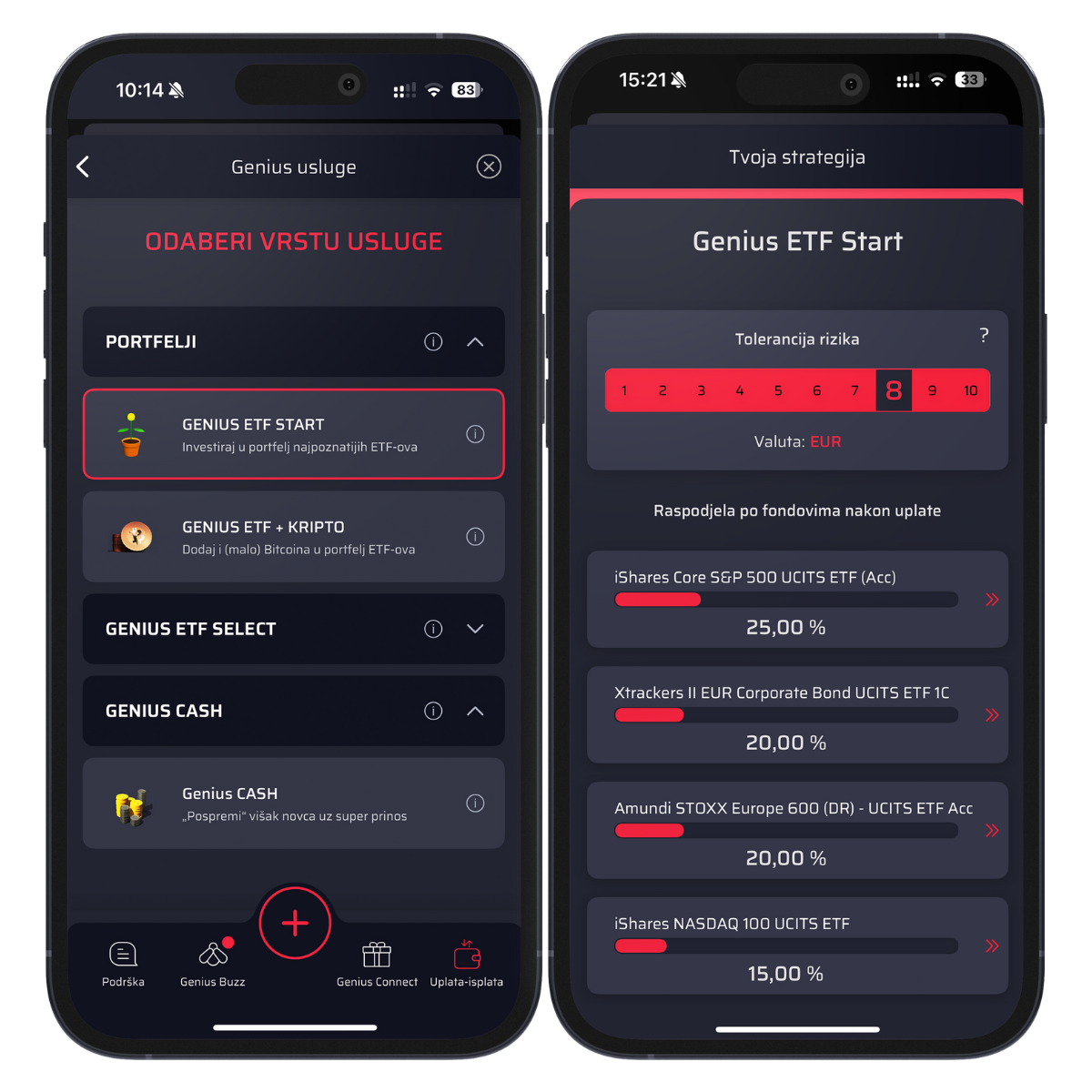 Genius by Intercapital - prikaz ekrana s odabranom ETF START uslugom i ekrana Moja strategija na mobitelu, portfelj s rizikom 8 od 10