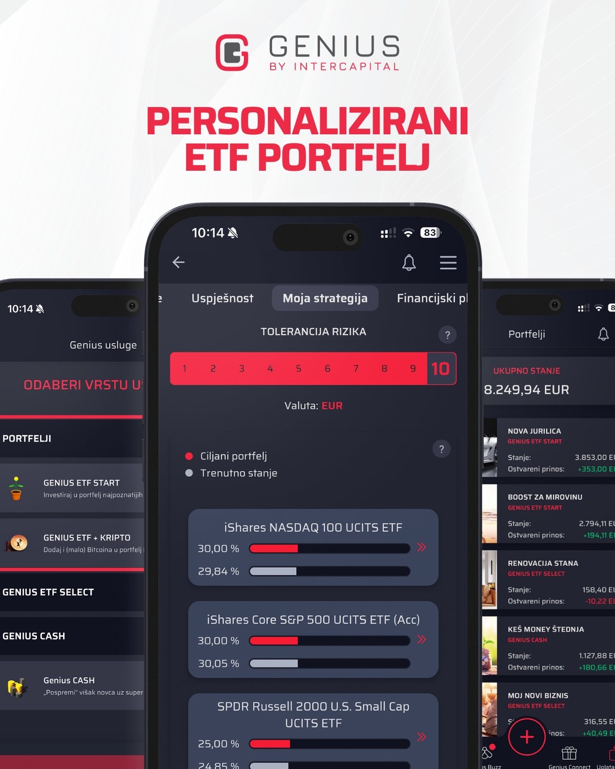 Prikaz ekrana "Moja strategija" s listom ETF-ova - ETF START portfelj