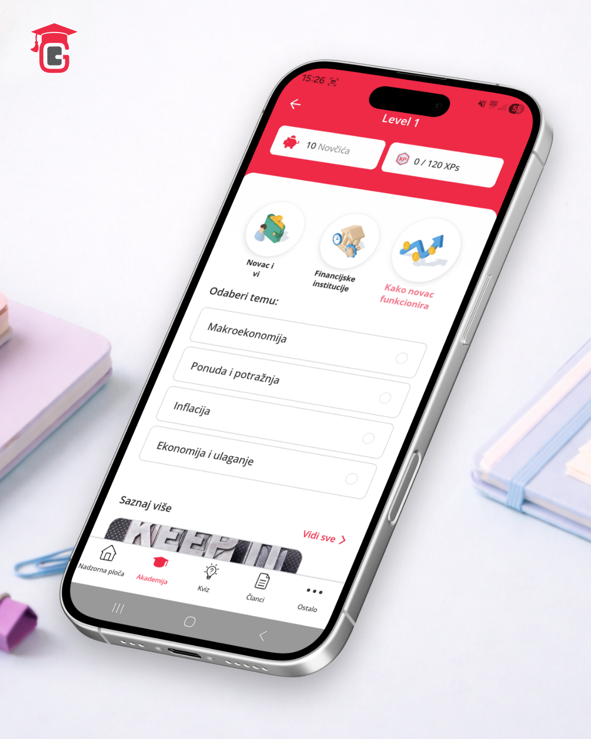 Genius Money Academy aplikacija – odabir teme učenja, prikaz modula Makroekonomija, Inflacija i Ekonomija i ulaganje