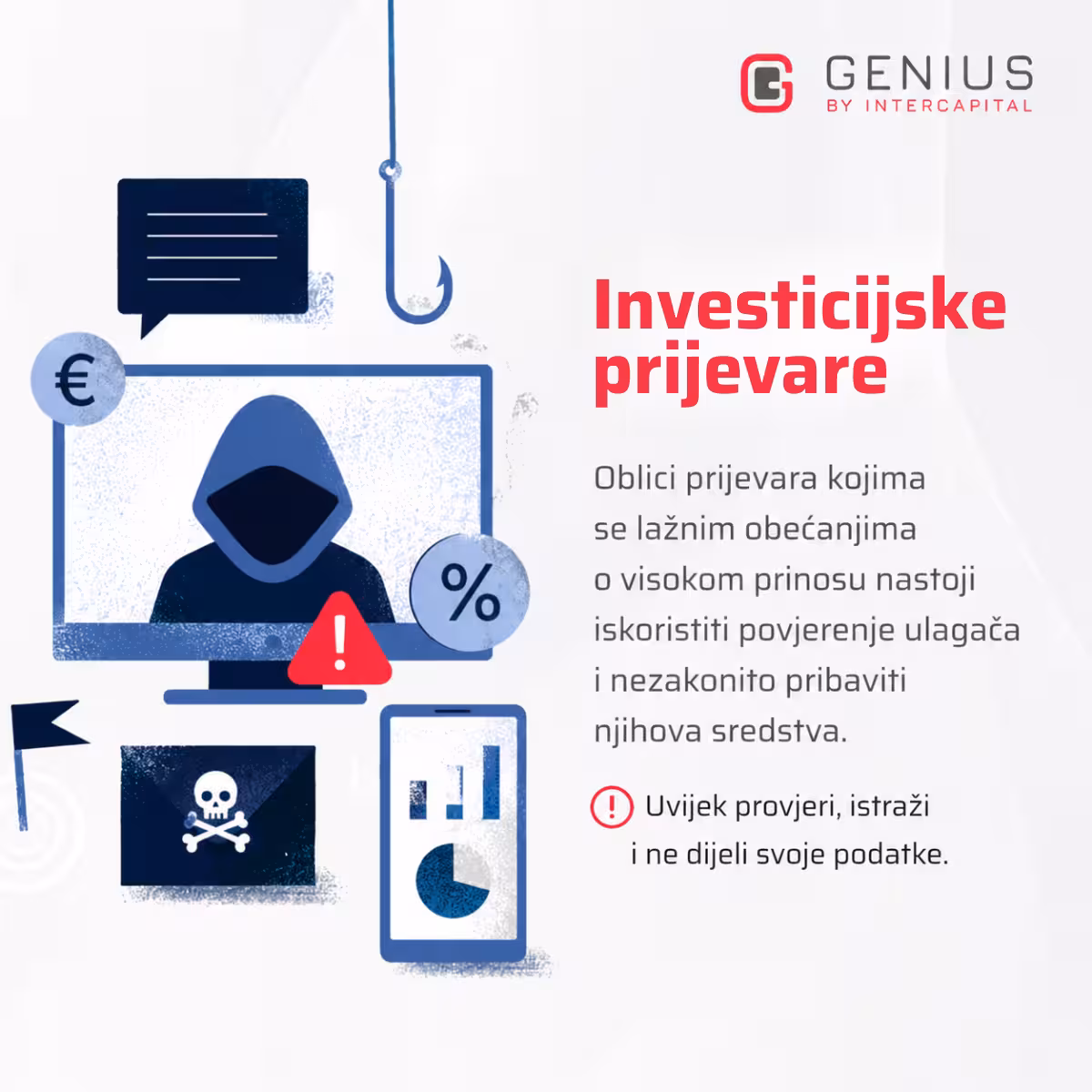 Infografika Genius by InterCapital: definicija investicijskih prijevara i poruka provjeri, istraži i ne dijeli svoje podatke