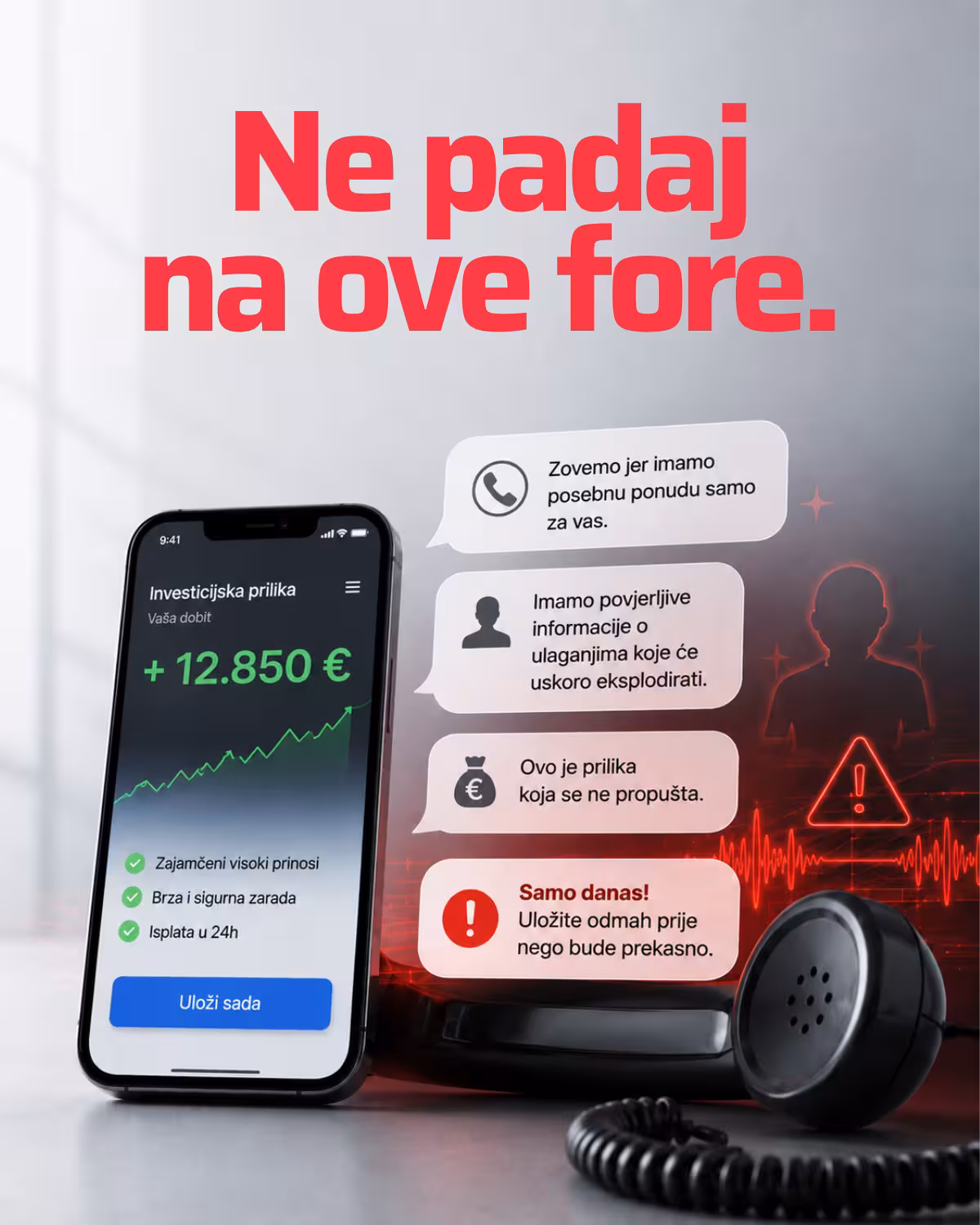 Vizual: mobitel s lažnom investicijskom platformom i porukama prevaranata uz natpis Ne padaj na ove fore