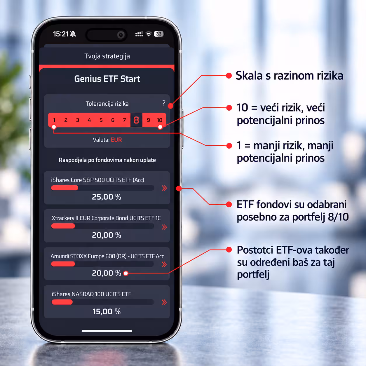 Ekran strategije Genius ETF Start s tolerancijom rizika 8 na skali od 1 do 10 i raspodjelom uplate po ETF-ovima u postocima