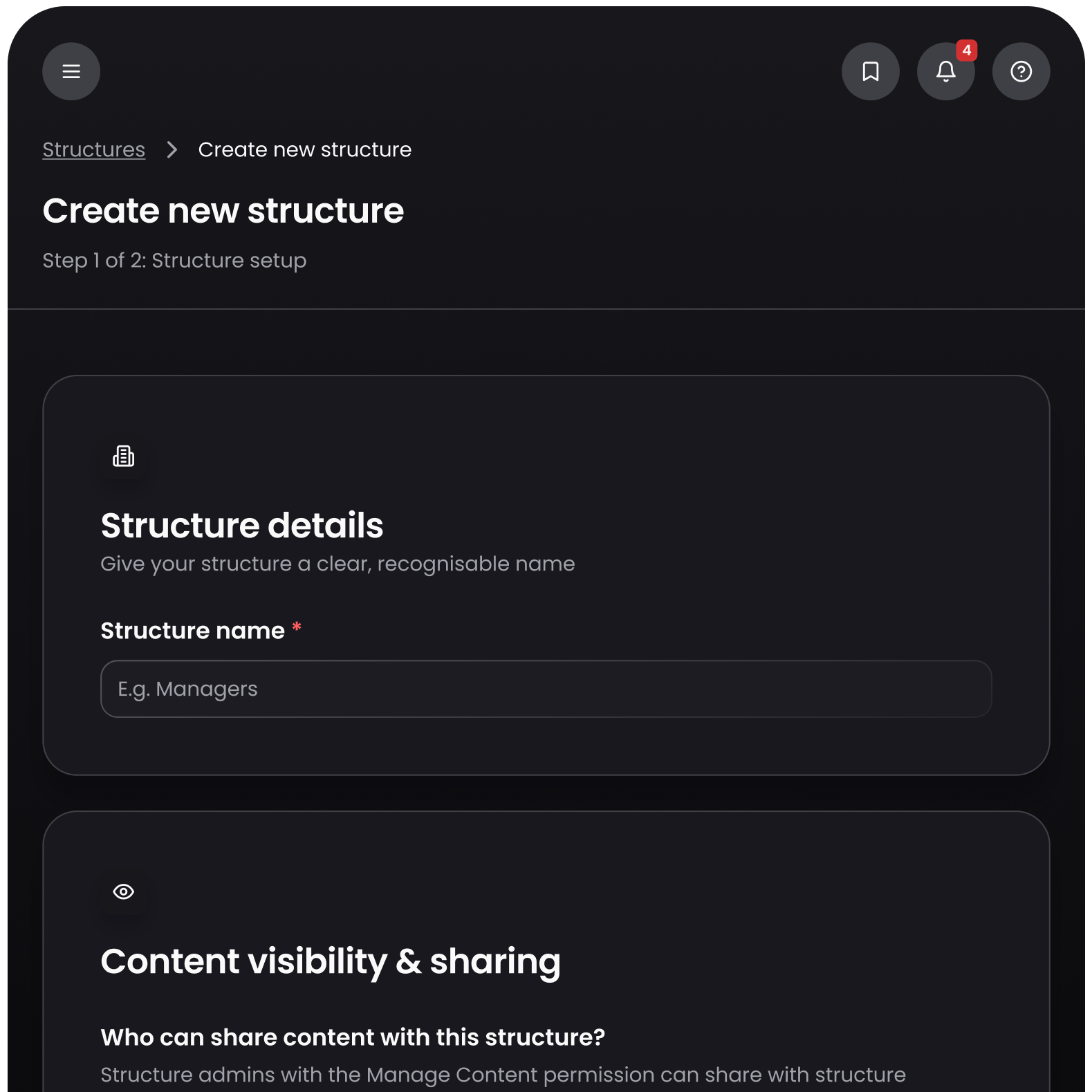 Thrive admin setup for a new organisational structure, with controls over who can share content and default content privacy