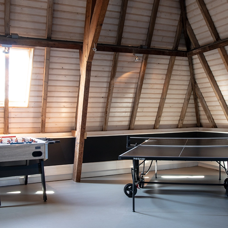 Een voetbaltafel en een pingpong tafel