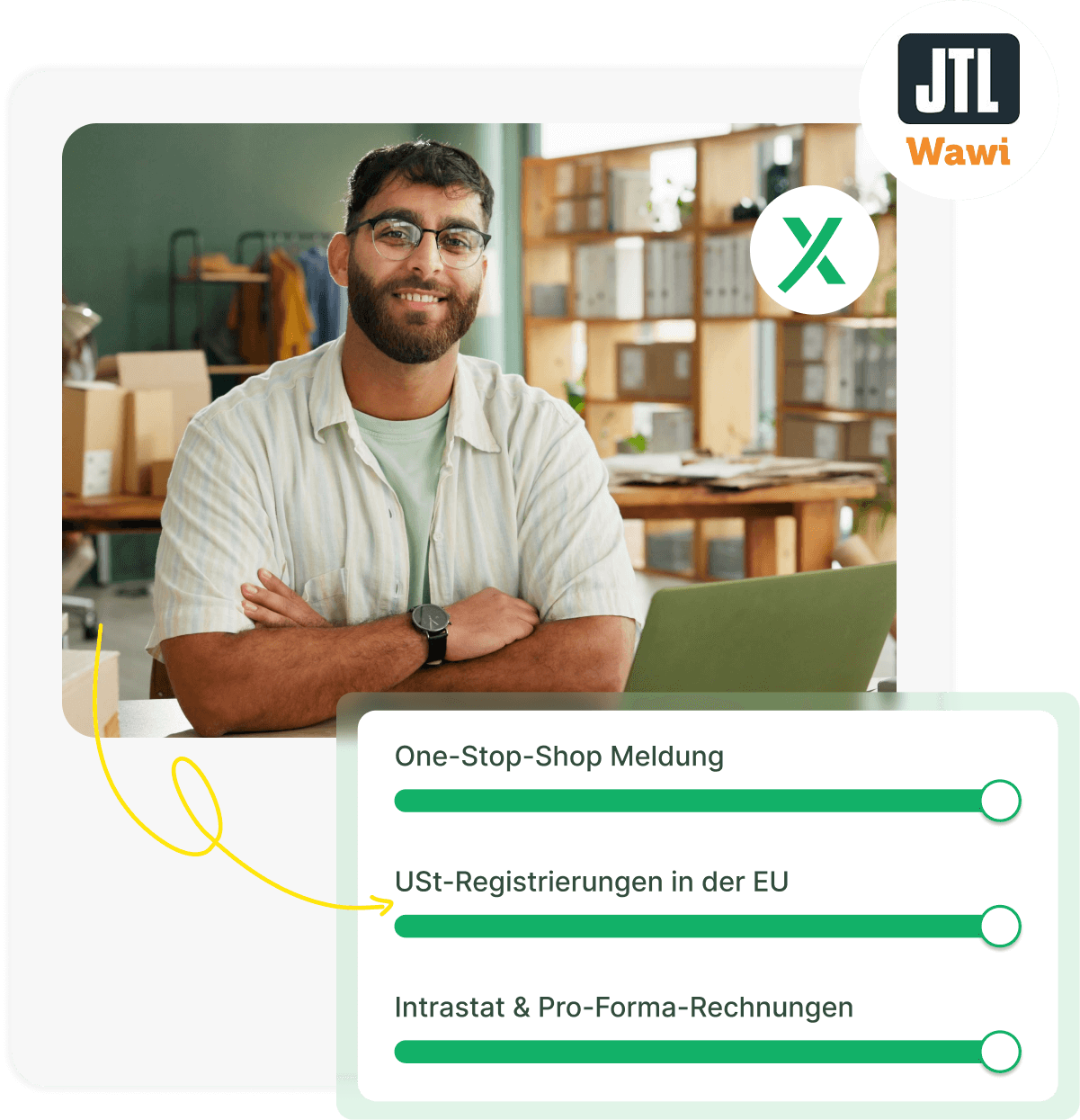 Amazon FBA Seller telefoniert erfolgreich in seinem Lager - automatisierte PAN-EU Steuer-Compliance durch countX