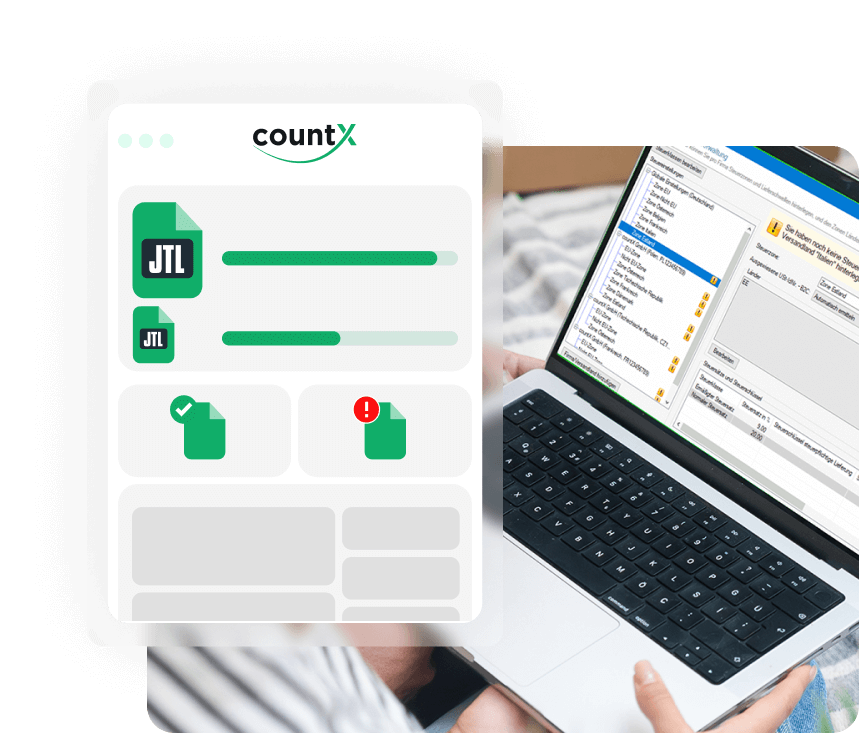 Händler mit Laptop analysiert Einsparpotenziale bei Umsatzsteuer mit countX Dashboard