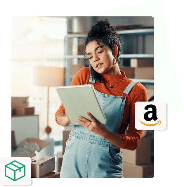 E-Commerce-Händlerin verwaltet ihre Amazon-PAN-EU-Bestellungen per Tablet in einem Lager