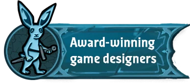 Blue rabbit holding a staff next to a banner that says award-winning game designers.