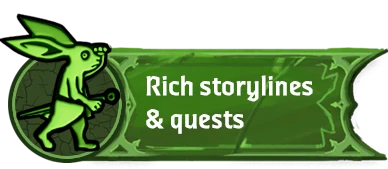 Green banner with a cartoon rabbit holding a scroll and text reading 'Rich storylines & quests'.