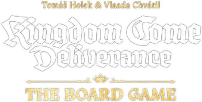 Logo for Kingdom Come Deliverance The Board Game with creators Tomáš Holek and Vlaada Chvátil.