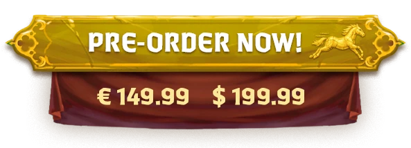 Gold banner with text 'PRE-ORDER NOW!' and prices €149.99 and $199.99