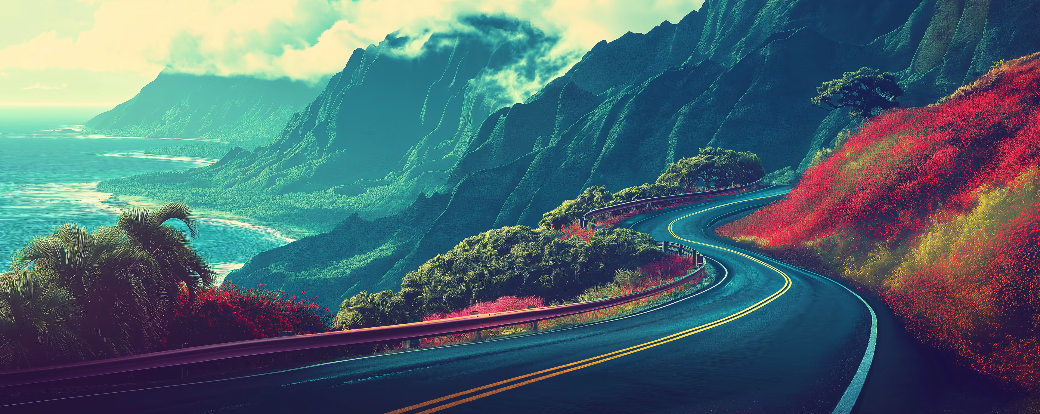 Curving road along lush green mountains with red flowers beside the ocean under a cloudy sky.