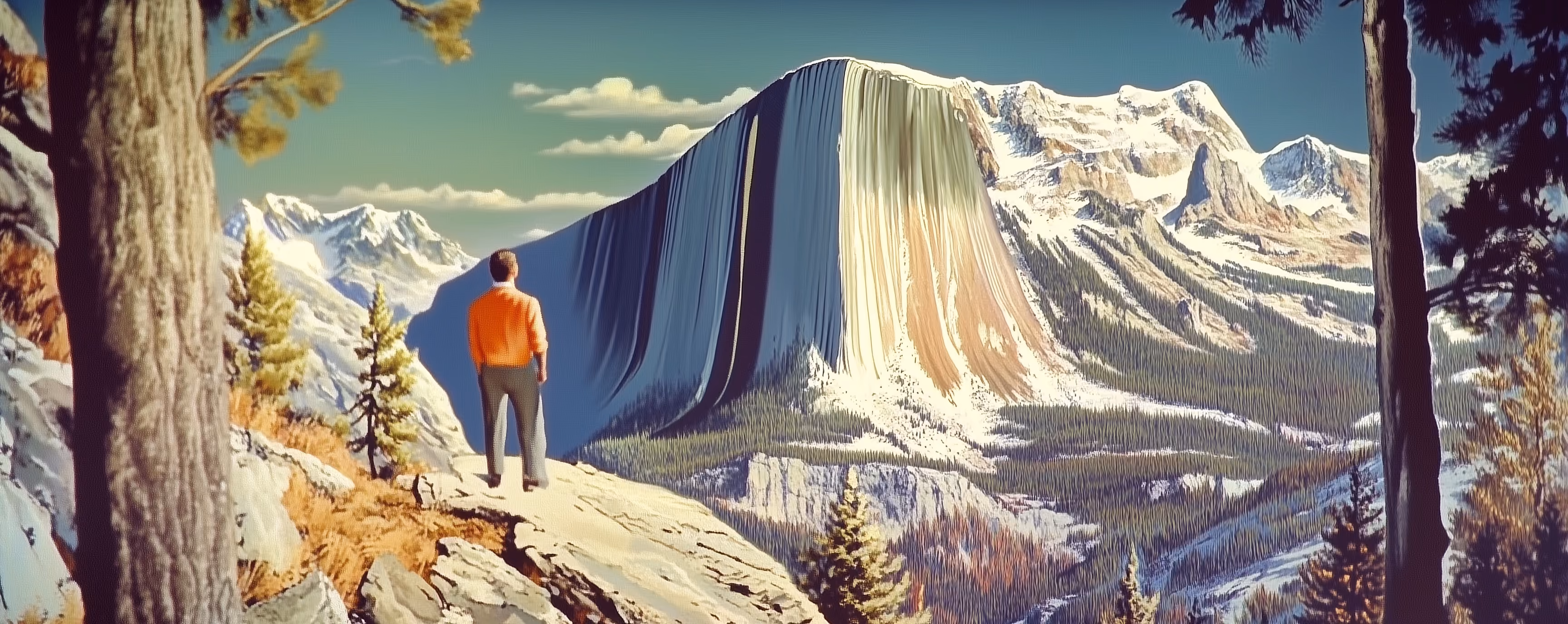 Man in orange shirt stands on cliff, facing a large mountain with snow and forest surrounding it.