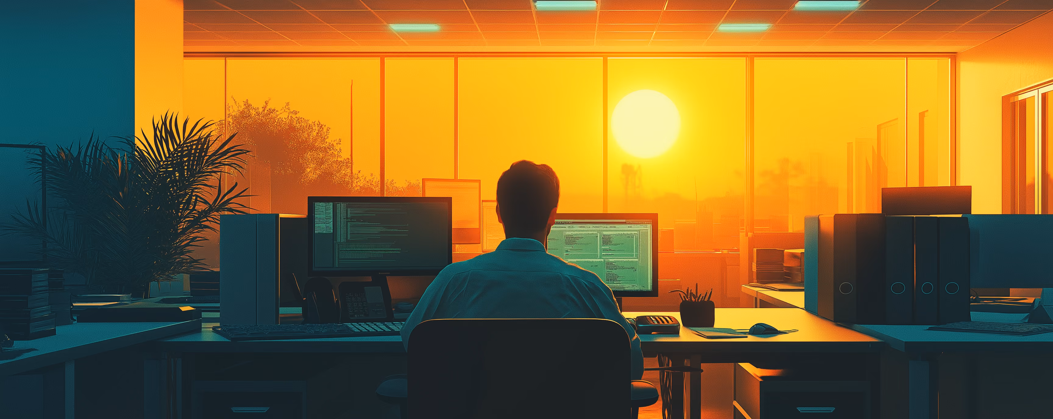 Person working at a desk with dual monitors in an office lit by warm sunset light through large windows.