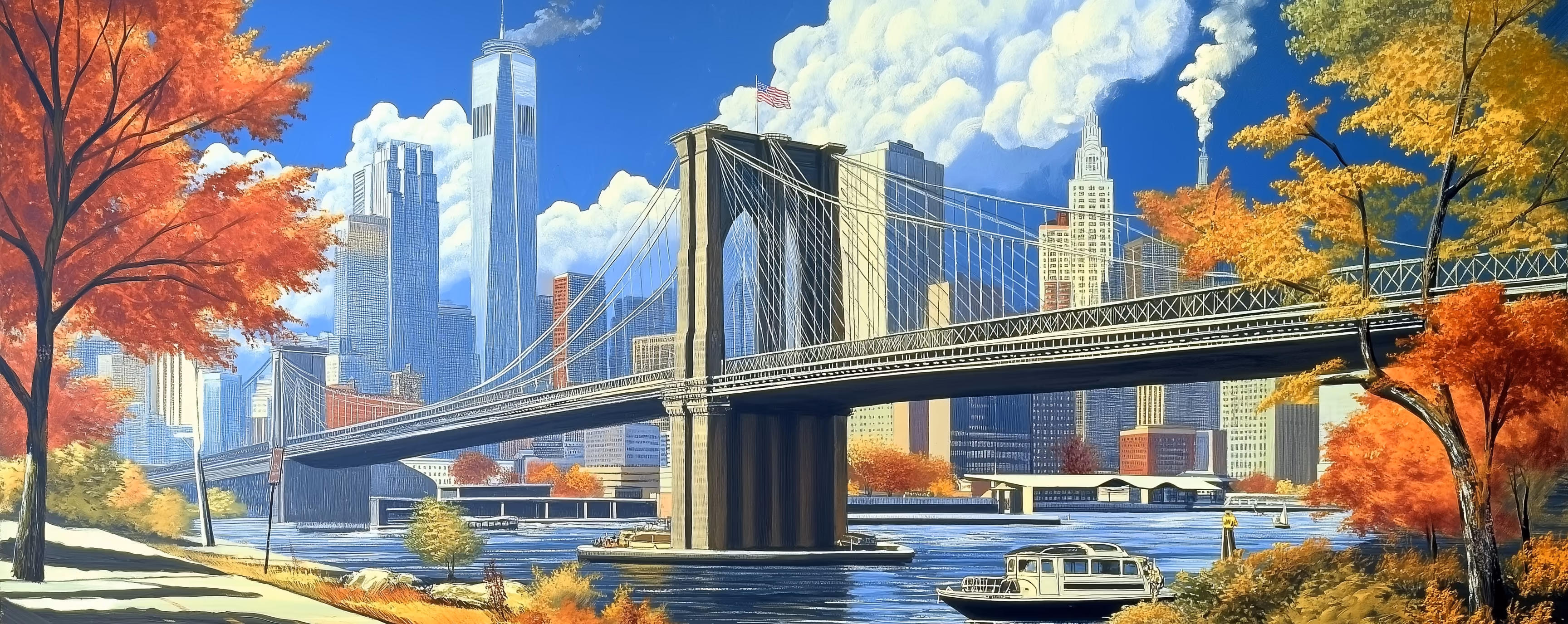 Brooklyn Bridge over river with boat and autumn trees, New York City skyline and blue sky with clouds.