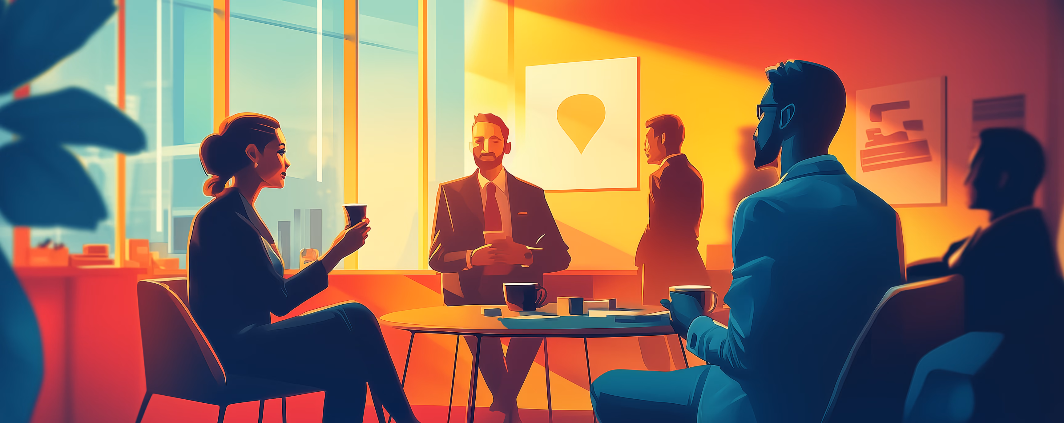 Five businesspeople in an office meeting room holding coffee cups during a discussion at sunset.