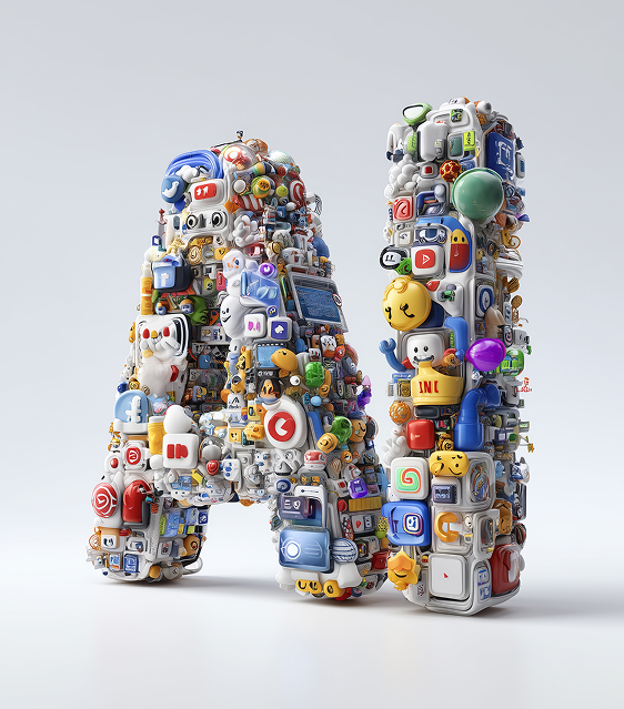Buntes AI-Logo aus Symbolen digitaler Medien, Apps und KI-Technologien – visuelles Element des Kurses KI-gestütztes Video Storytelling