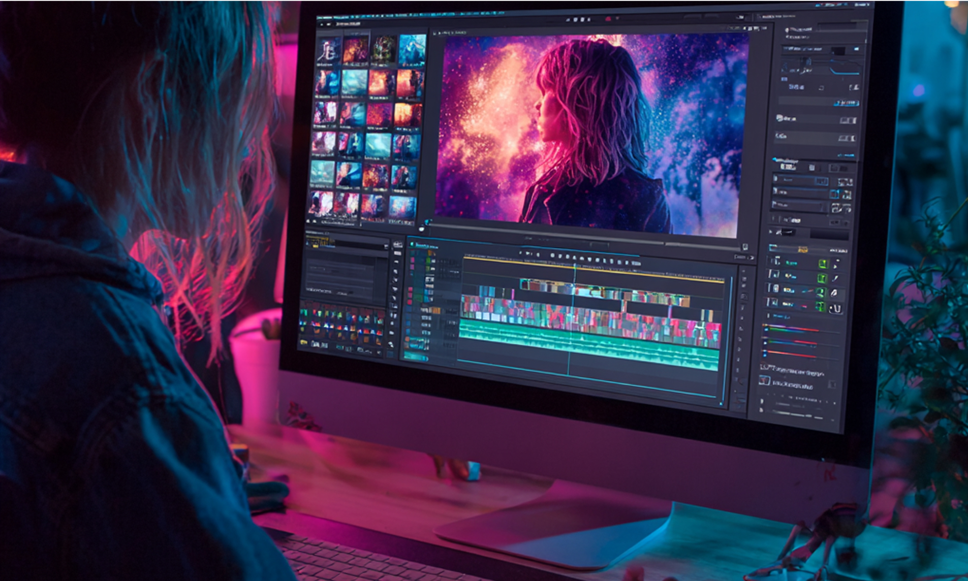 Frau bearbeitet KI-unterstütztes Video auf großem Bildschirm mit professioneller Schnittsoftware – Kursbild für KI-gestütztes Video Storytelling