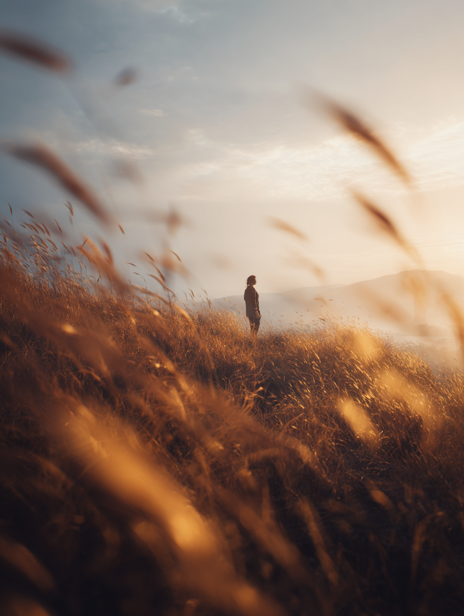 Person steht allein auf einem Hügel im goldenen Abendlicht, umgeben von hohen Gräsern – Moment der Reflexion und Klarheit in der Natur